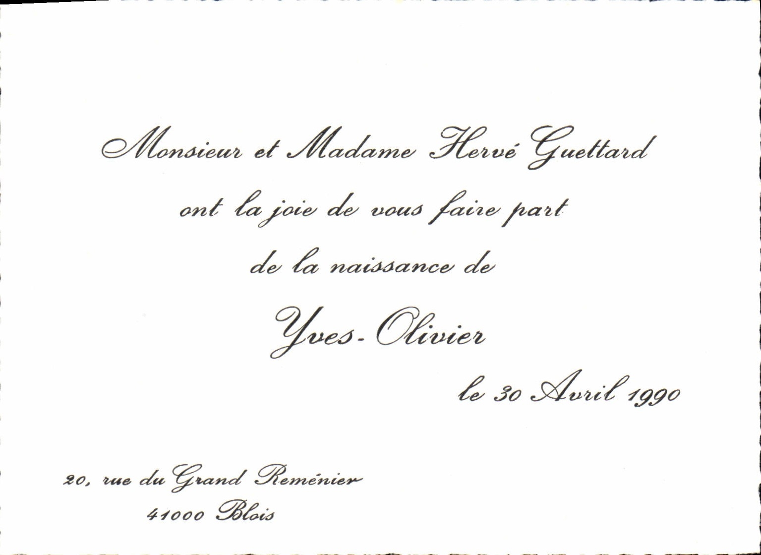 Faire part Naissance Yves Olivier Guettard Rue du Grand Remenier Blois 1990