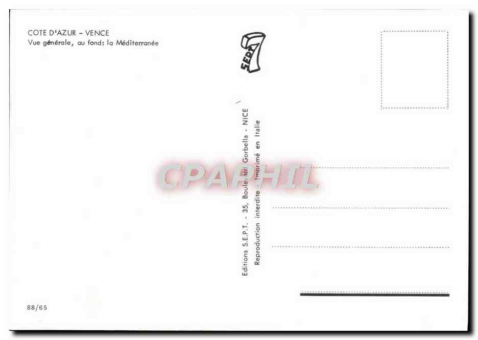 Vue générale de Vence — Côte d'Azur — Éditions S.E.P.T. n°88/65 — Rückseite