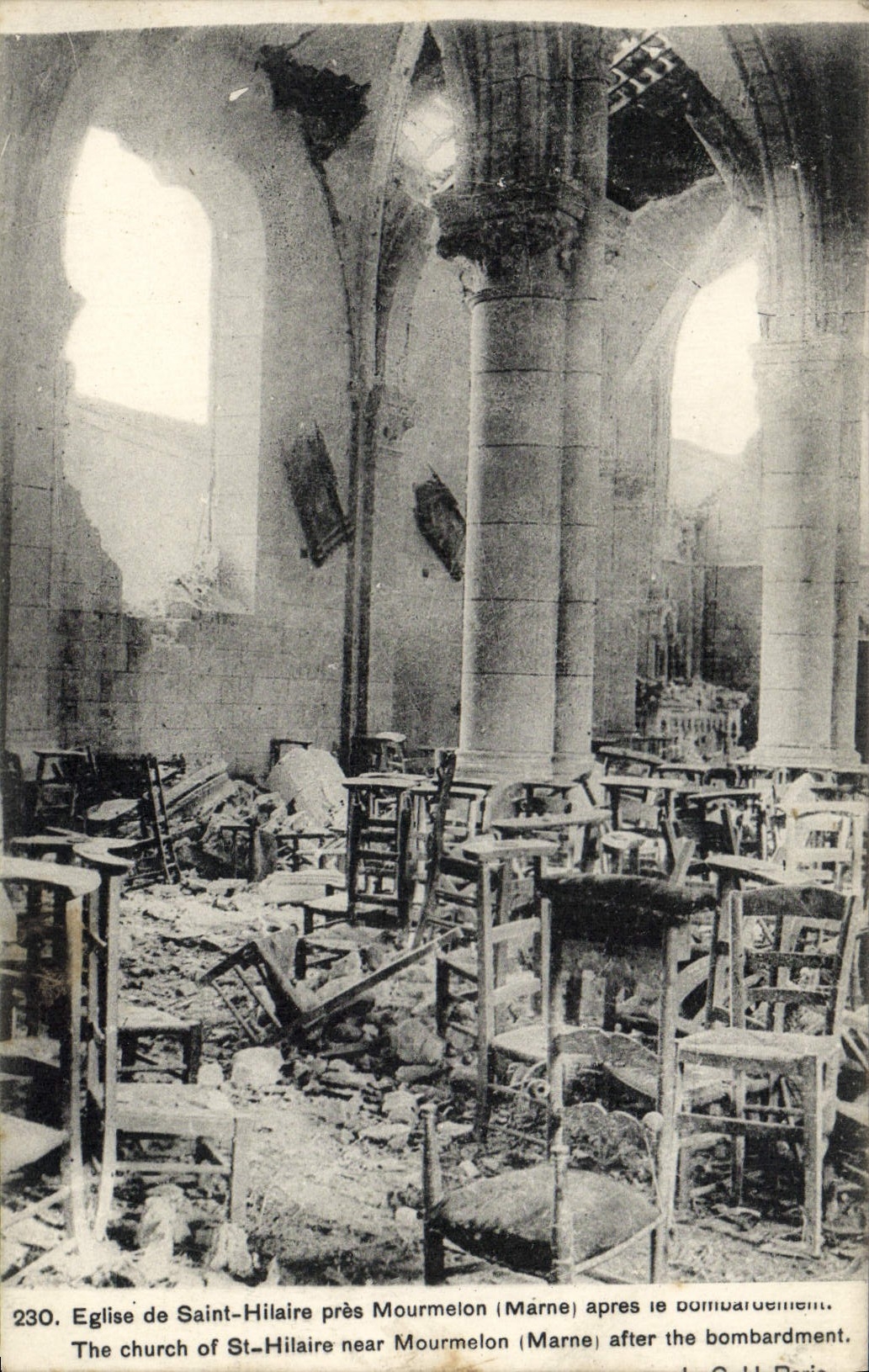Église de Saint-Hilaire près Mourmelen (Marne) — après le bombardement — Phototypie Alary-Ruelle, Paris, n°230