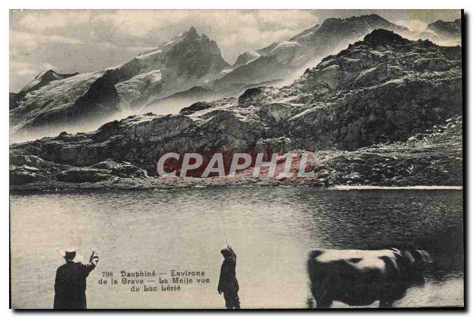 Environs de la Grave — La Meije vue du lac Lérié — Papeterie des Alpes, Eug. Robert, Grenoble