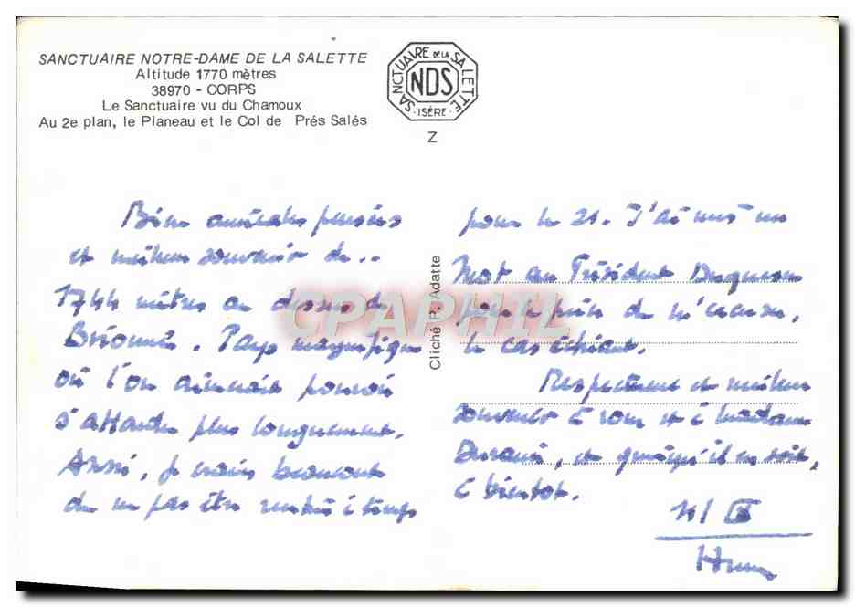 Sanctuaire Notre-Dame de la Salette — Altitude 1770 mètres — Sanctuaire vu du Chamoux, Prés Salés — Verso