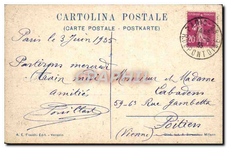 CPA Venezia Canal Grande Paiazzo Frranchetti — Rückseite