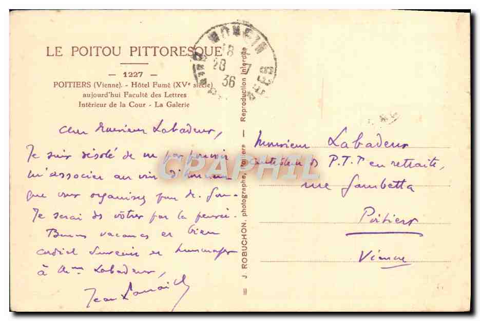 CPA Poitiers Hotel Fume Faculte des Lettres Interieur de la cour La galerie  — Rückseite