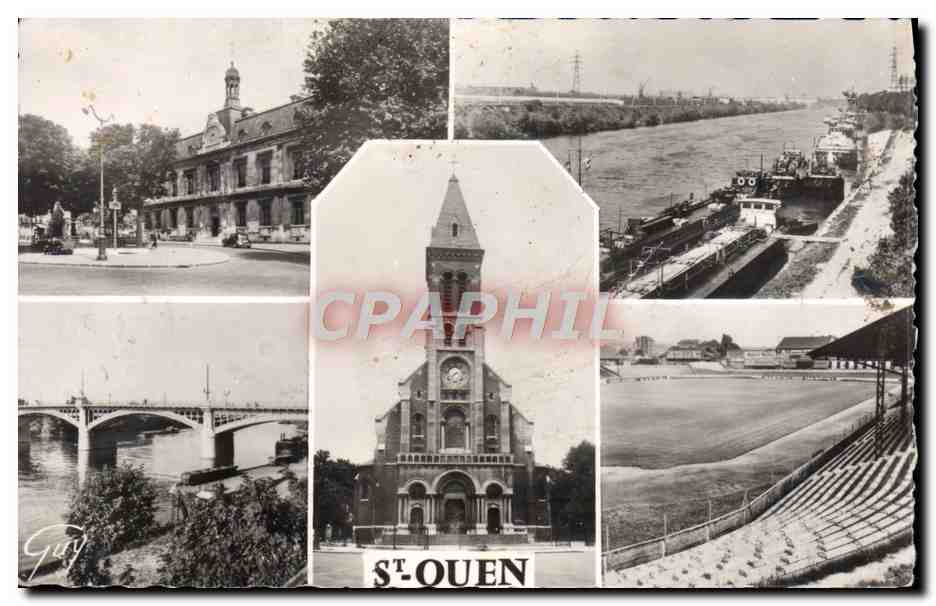 CPM Saint Ouen La Mairie les Quais de la Seine Le port L'eglise Notre Dame du Rosaire et le stade