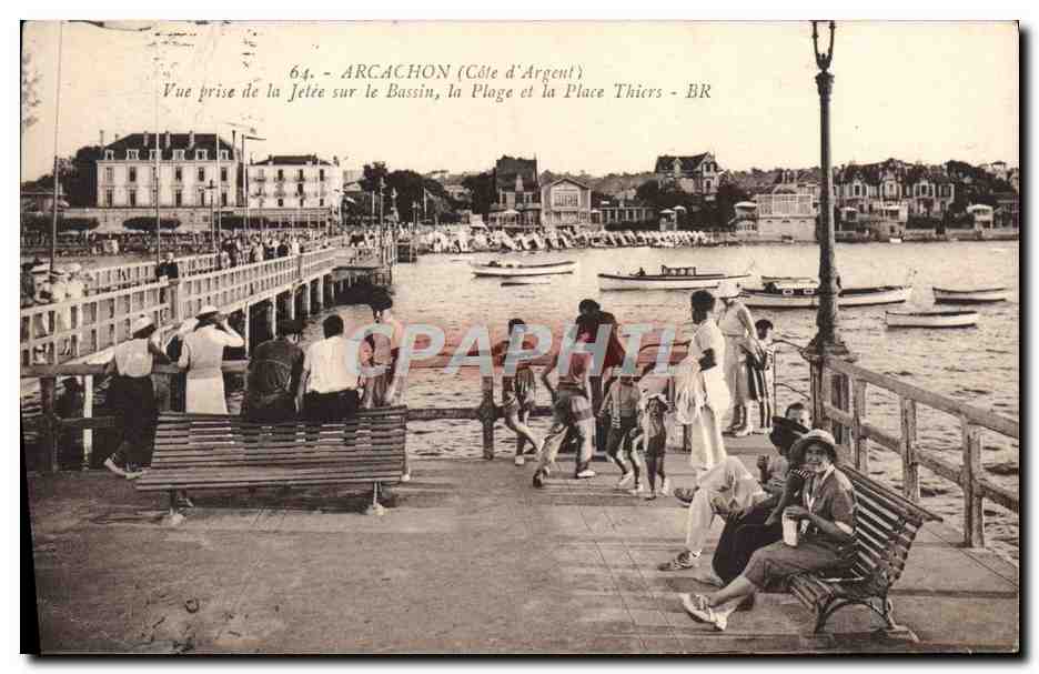 CPA Arcachon Vue Prise de la Jetee Sur le Bassin La Plage et la place Thiers