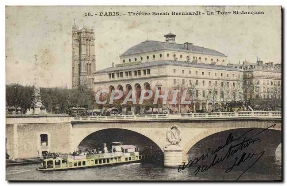 CPA Paris Theatre Sarah Bernhardt La Tour St Jacques Bateau Peniche 