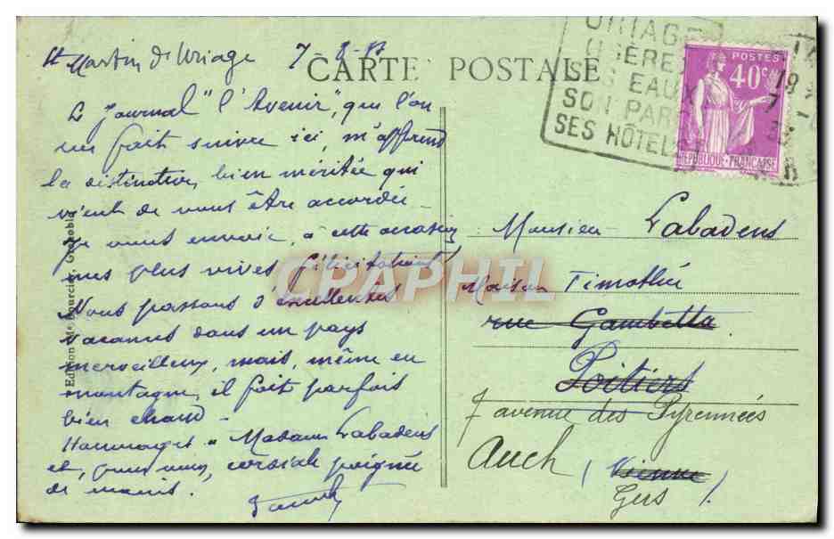 CPA Uriage les Bains Le Chateau le Colon et l'Eperlay — Rückseite