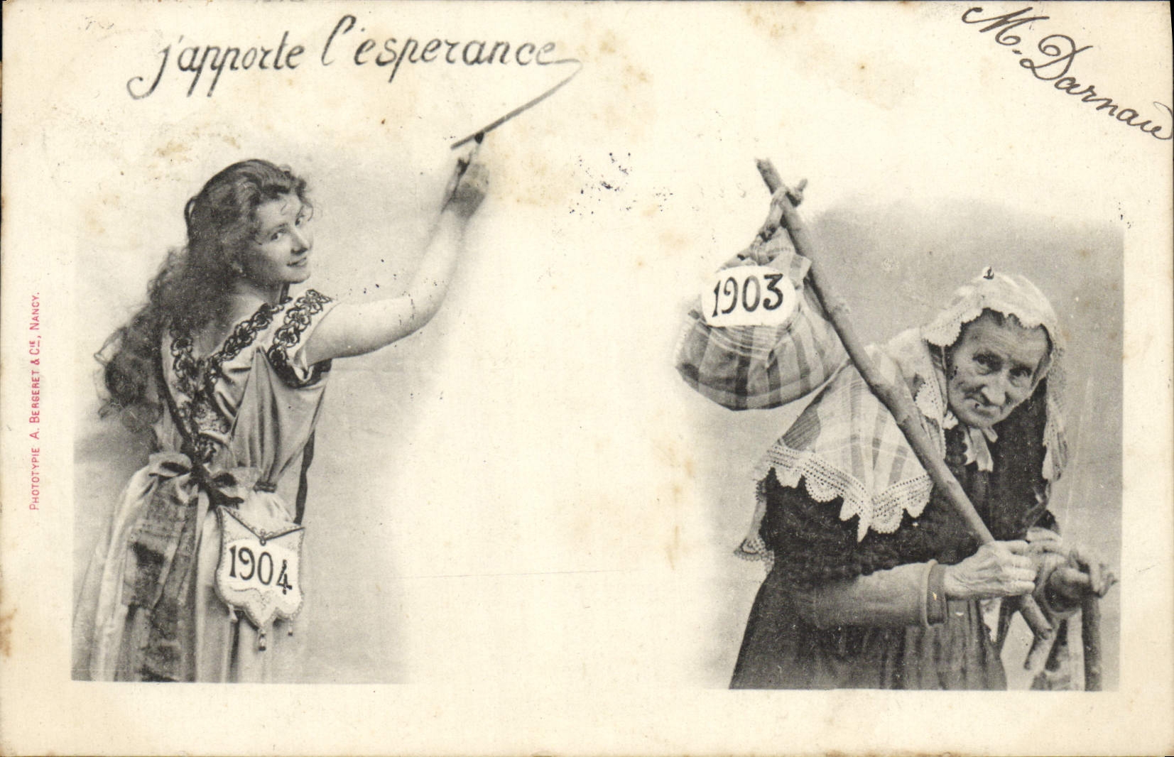 Je rapporte l'espérance — scène de deux personnages avec dates 1903 et 1904 — Phototype A. Besseret & Cie, Nancy