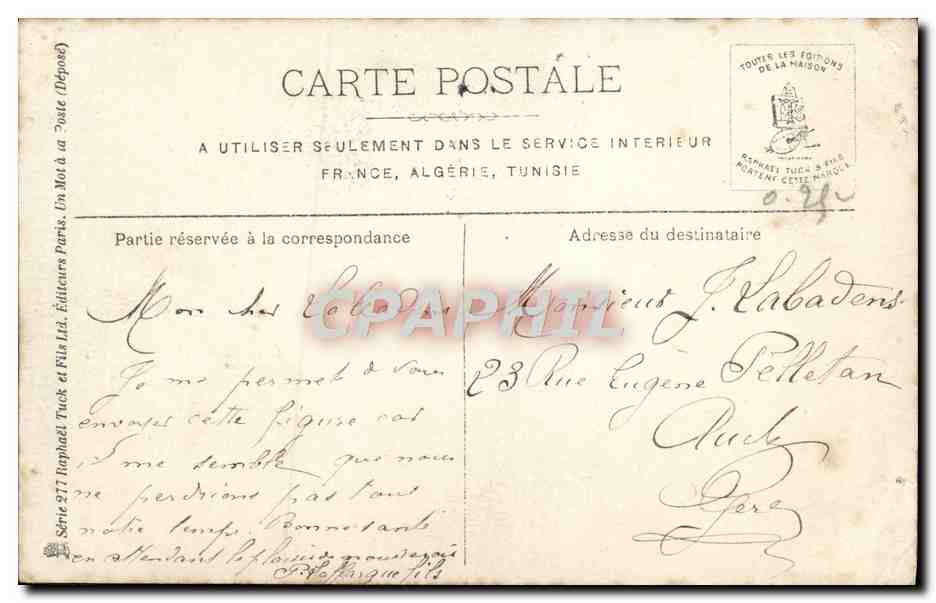 Robinne — Retrato de una joven mujer con sombrero y piel — Editor Tuck & Fils, serie 277 — Reverso