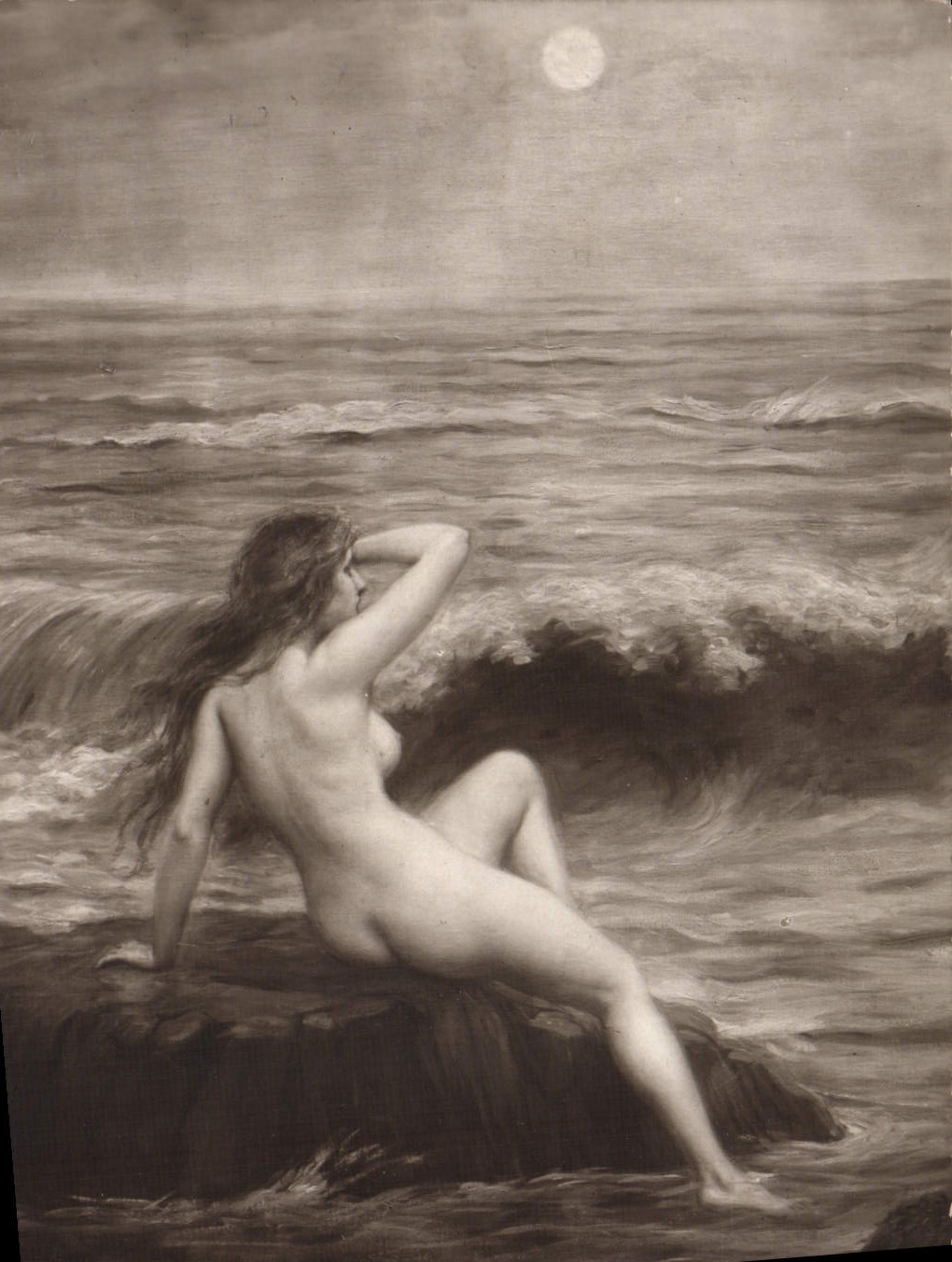 Naked woman on a rock by the sea — under the moon — engraving or lithograph — publisher not visible