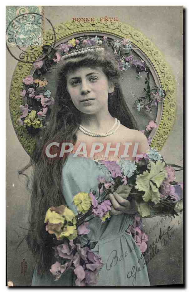 Jeune femme en robe bleue et couronne de fleurs — Bonne Fête — éditée par Gers