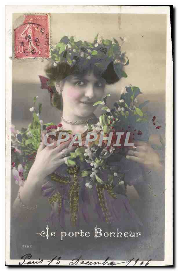 Femme en couronne de fleurs — 'Le porte Bonheur' — Éditeur WING, n° 100