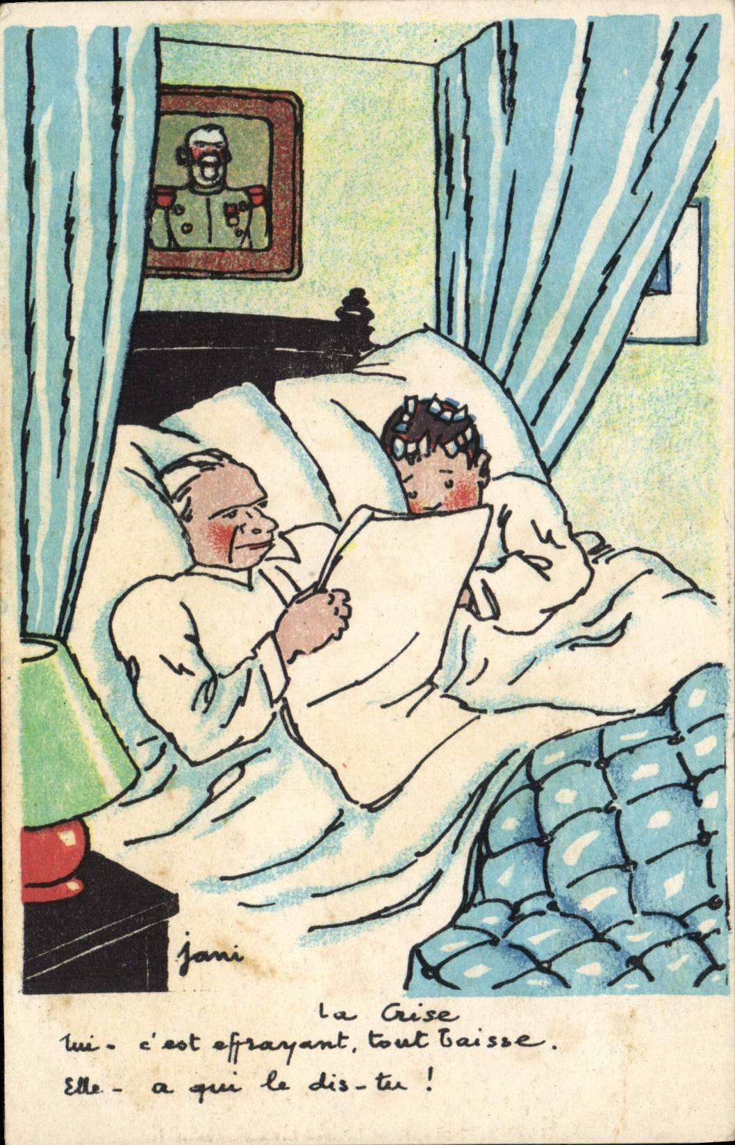 Scène de nuit dans une chambre — dessin de Jani — éditeur Noër, Paris