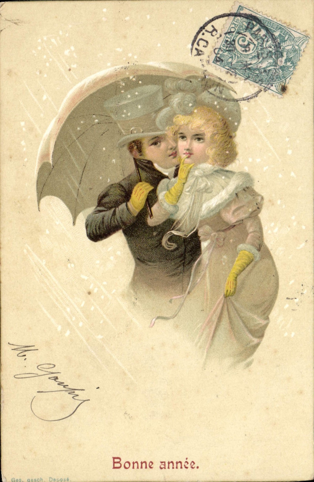 Couple sous parapluie enneigé — Bonne année — Ges. gesch. Deposé