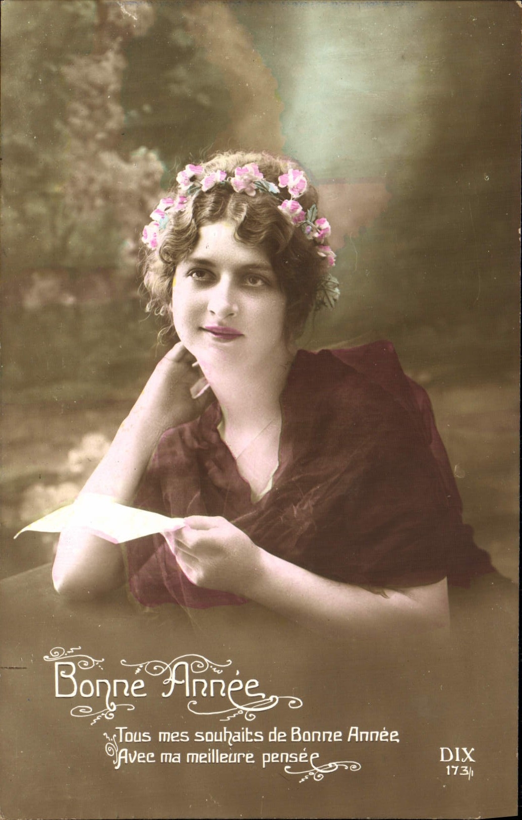 Jeune femme avec couronne de fleurs — souhait de bonne année — éditeur DIX, n° 173