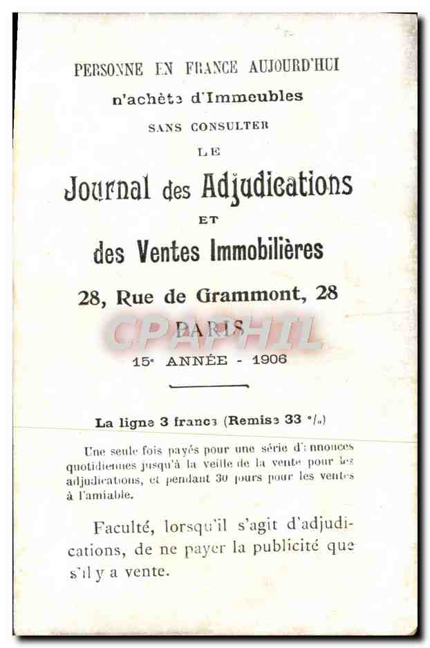 CPA Le Chateau De Versailles Annonce Journal des adjudications Ventes immobiliers Rue de Grammont Paris  — Verso