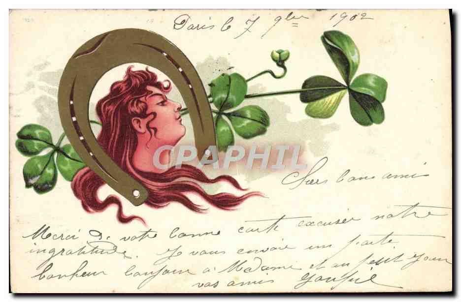 Femme dans un fer à cheval — trèfle à quatre feuilles — éditeur inconnu, n° 15