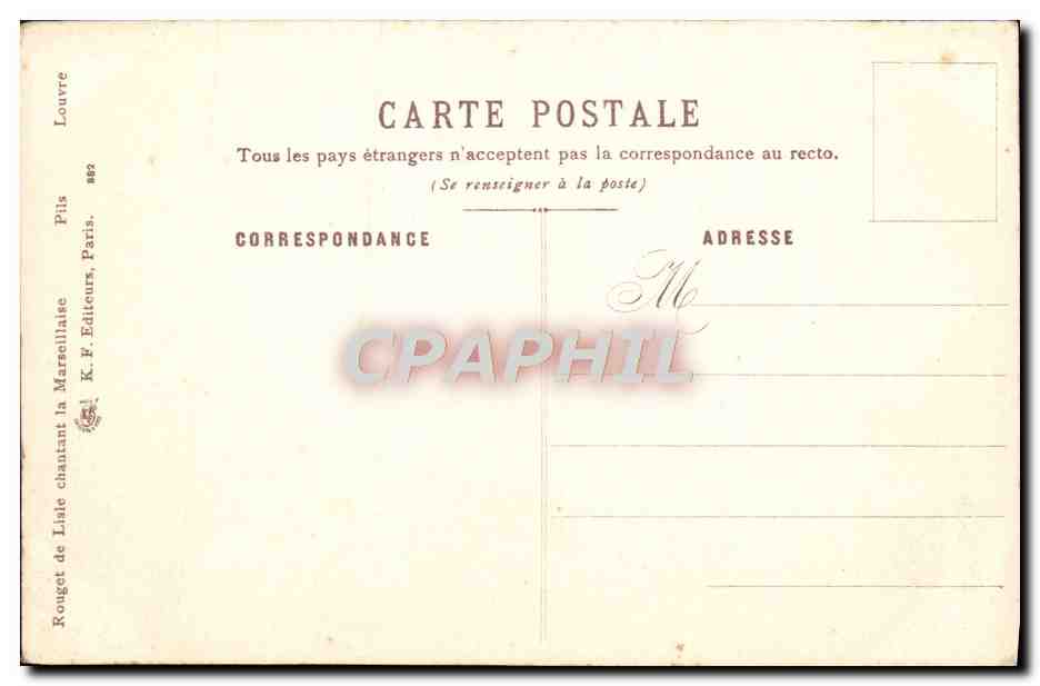 Liaïe chantant la Marcellaise — scène historique — éditeur K. F. Editeurs, Paris, n° 882 — Verso
