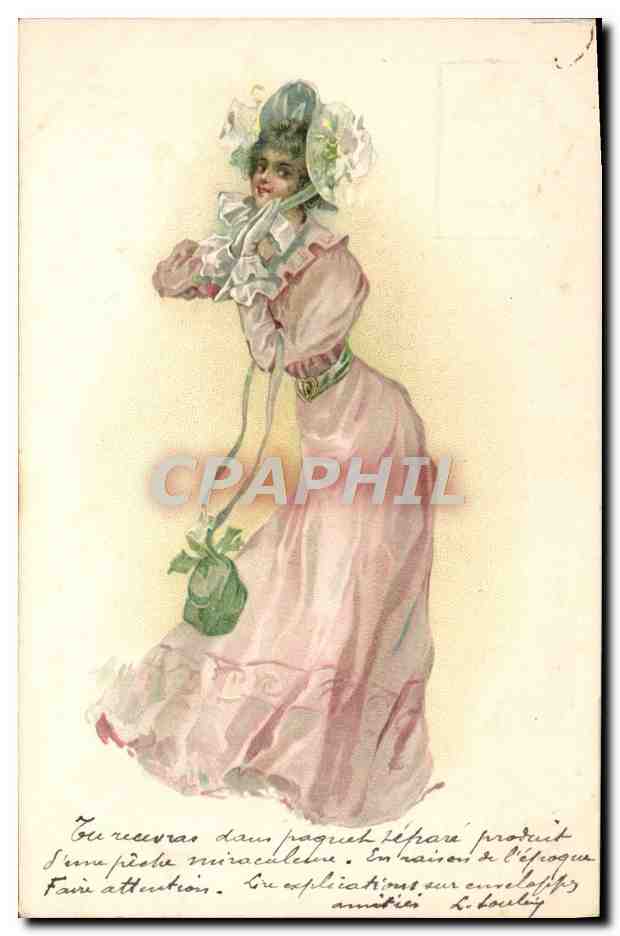 Femme en robe rose et chapeau décoré — illustration — éditeur L. Boulay