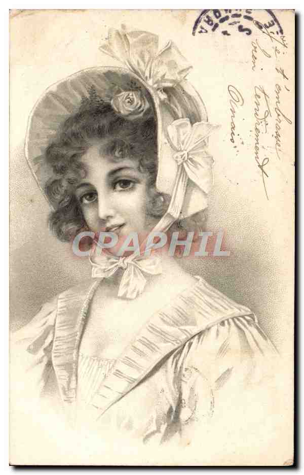Joven mujer con sombrero de cintas — editor no identificado — fechada aproximadamente en 1904