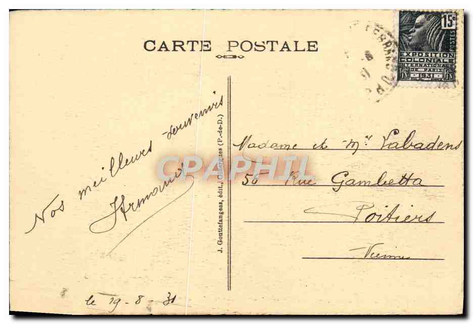 Panorama sur Royat et Clermont-Ferrand, vus du Paradis à Royat — J. Gottifangeas, n° 1513 — Verso