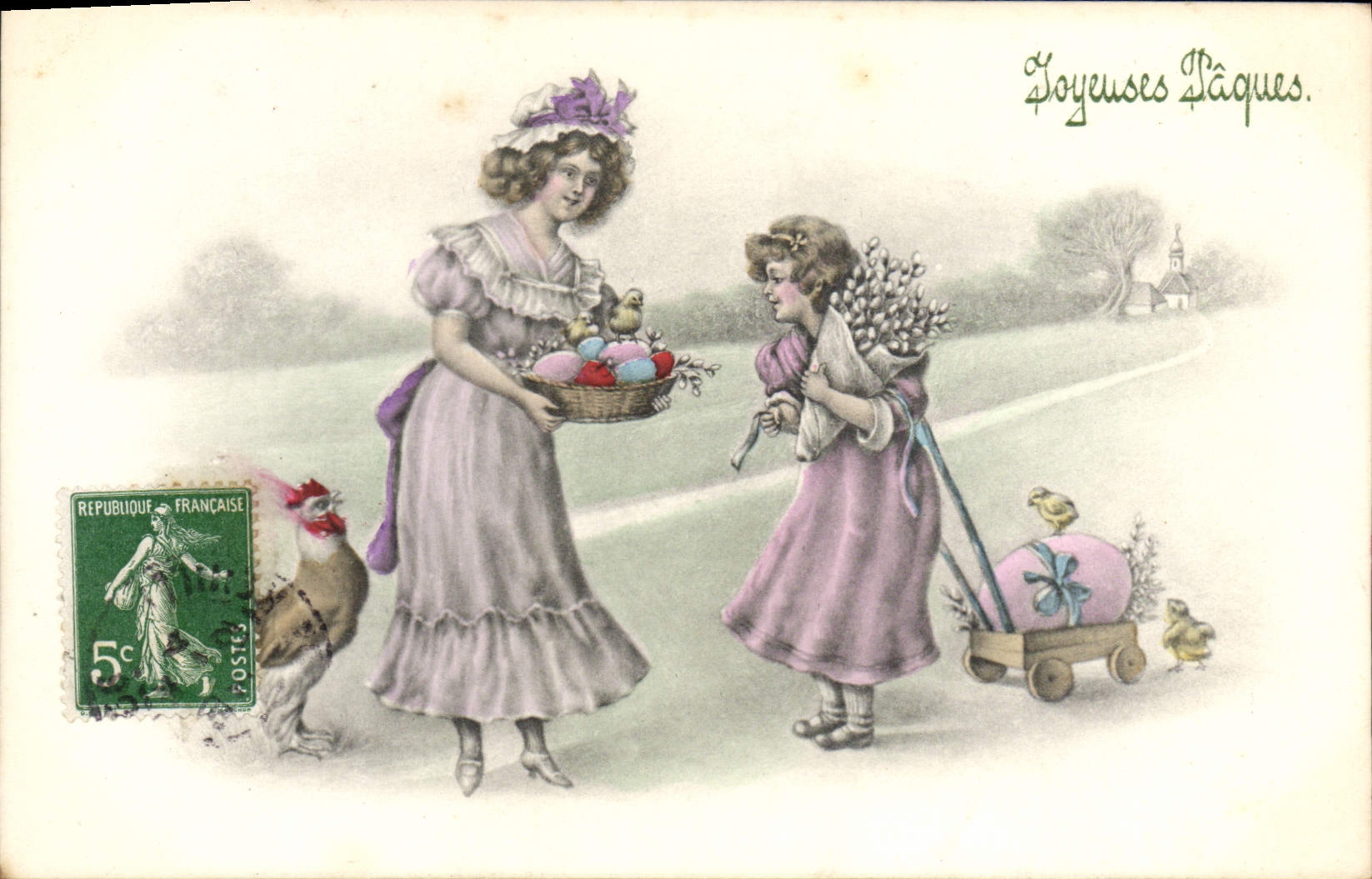 CPA Joyeuses Paques Femme enfant Coq Poule 