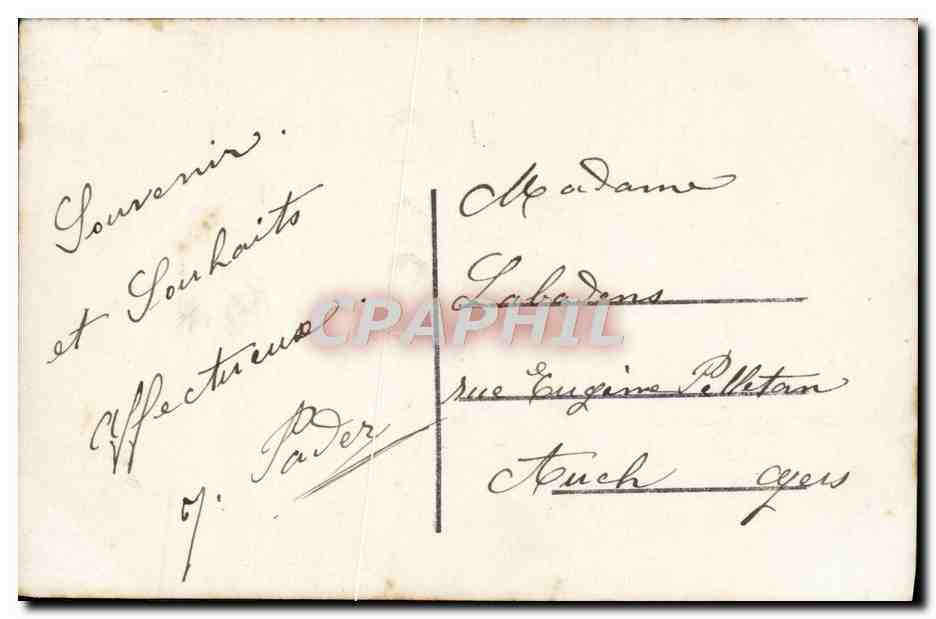 Mujer con ramo de flores — texto impreso y manuscrito — editor G. Pater — Reverso
