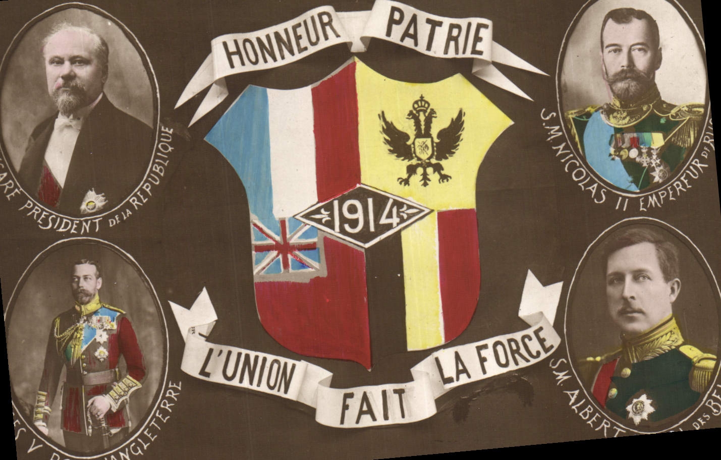 CPA Fantaisie Honneur Patrie Poincare Georges V Nicolas II Albert 1er Russie Russia Militaria 