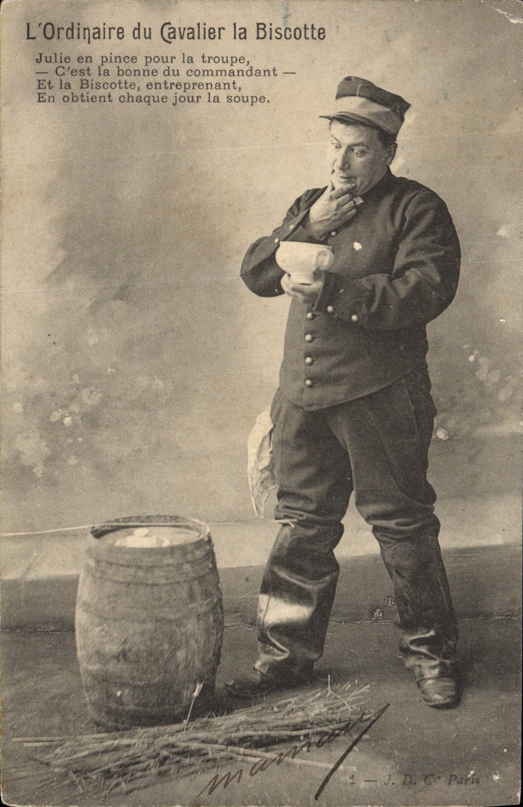 Tarjeta postal antigua Fantasía Lo ordinario del caballero La Biscotte Militaria
