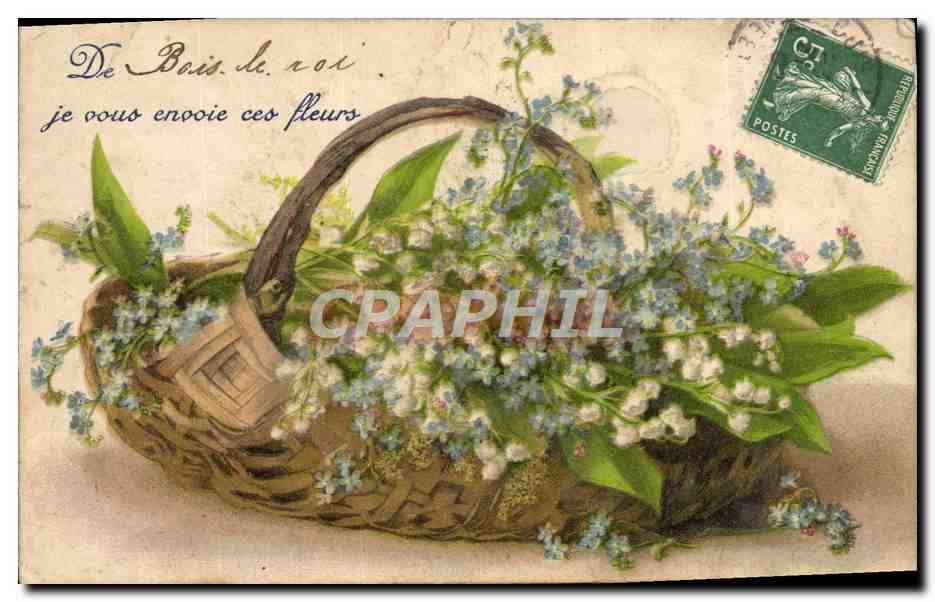 Bouquet de myosotis dans un panier — De Bais le roi — éditeur non visible