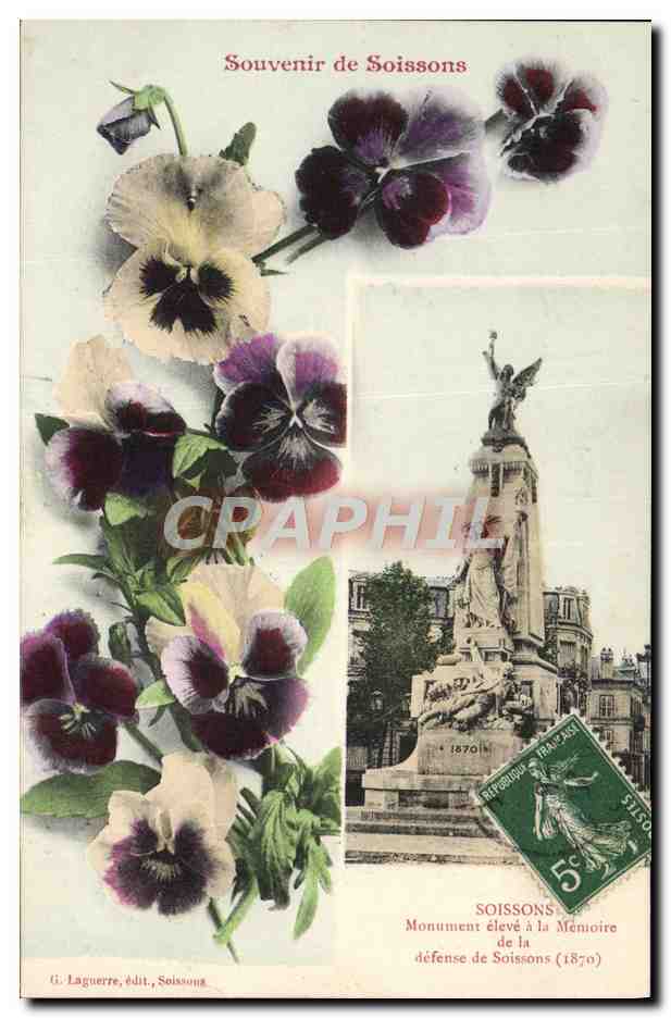 CPA Fantaisie Fleurs Souvenir de Soissons Monument eleve a la memoire de la defense de Soissons Militaria 