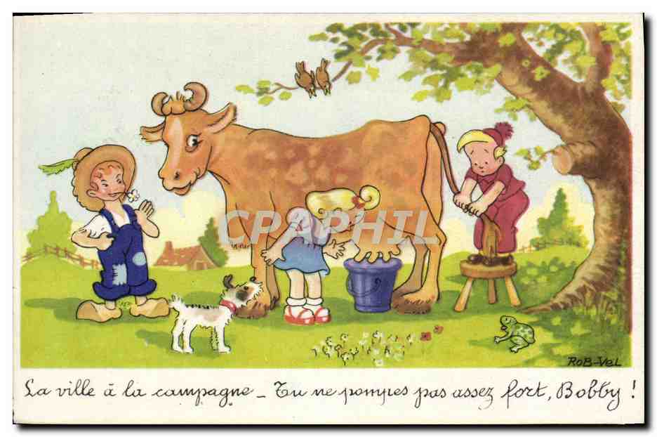 CPA Fantaisie Vache La ville a la campagne