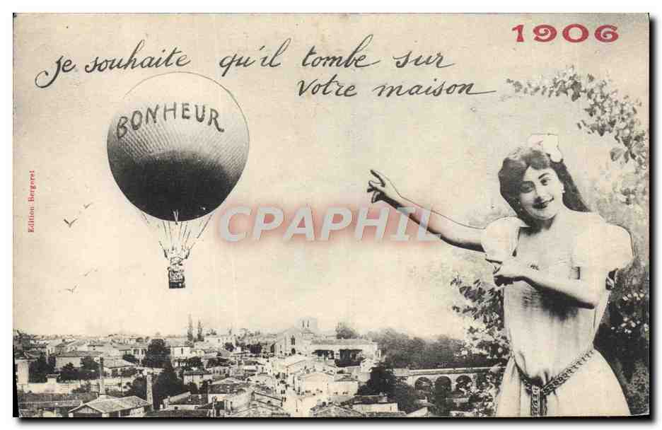 Ballon à air chaud portant 'BONHEUR' — jeune femme souriante — Édition Bergret, n° 1906