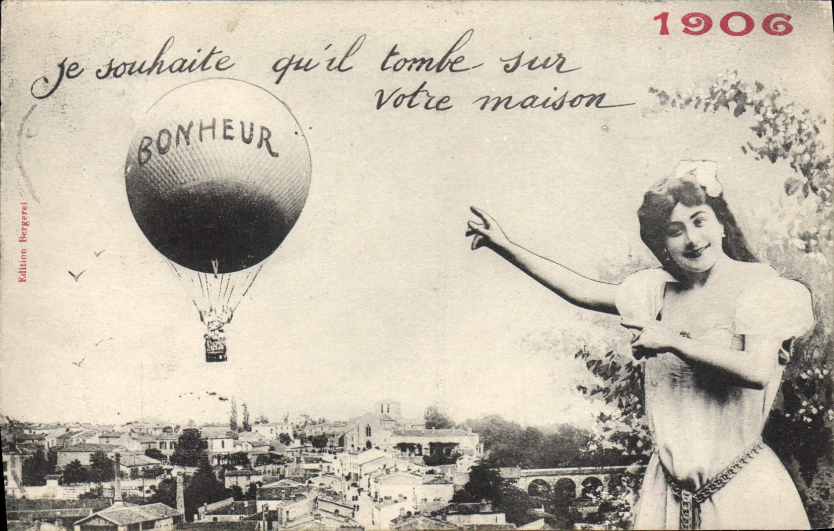 Ballon à air chaud portant 'BONHEUR' — Édition Bergeret — 1906