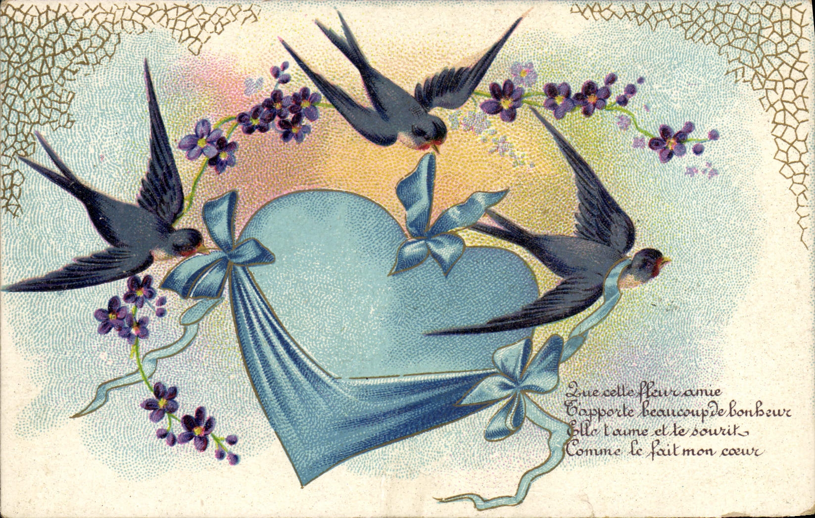 Oiseaux et cœur bleu — Carte postale multilingue — éditeur non visible