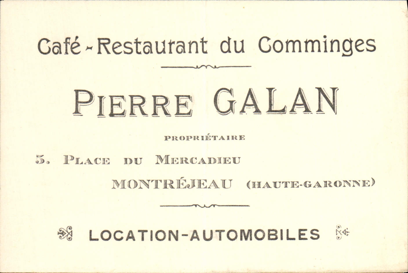 Carte de visite Cafe Restaurant de Comminges Pierre Galan Place du Mercadieu Montrejeau Haute-Garonne