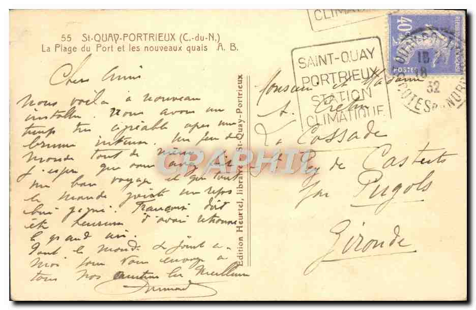 Saint-Quay-Portrieux (C.-du-N.) — La Plage du Port et les nouveaux quais — Édition Heurtel, St-Quay-Portrieux — Verso