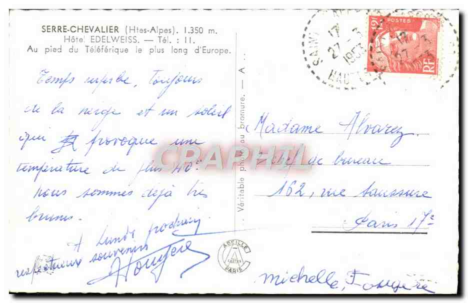 Hôtel Edelweiss — Serre-Chevalier (Hautes-Alpes) — éditeur CPAPHIL — Achterkant