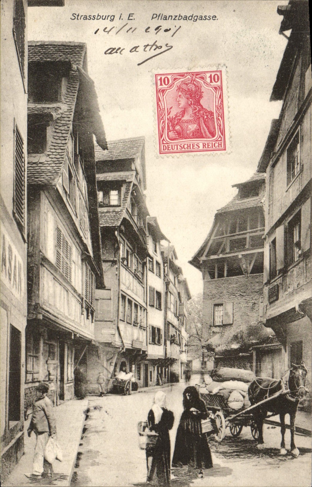 Strassburg i. E. Pflanzbadgasse — vue de rue avec bâtiments à colombages — Kunstverlag E. Hartmann, Strassburg i. E. 1907