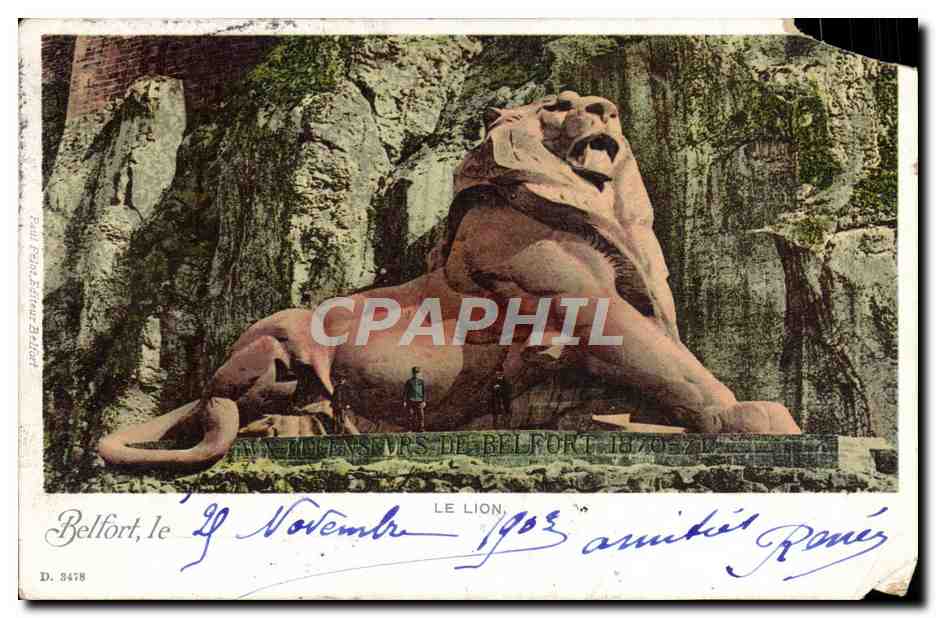 El León de Belfort — Monumento a los héroes de Belfort 1870-71 — editor Paul Poinzot, n° D. 9478 - Anverso