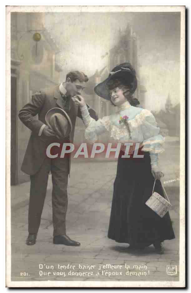 Couple en scène romantique — texte imprimé — éditeur E. K. n° 201