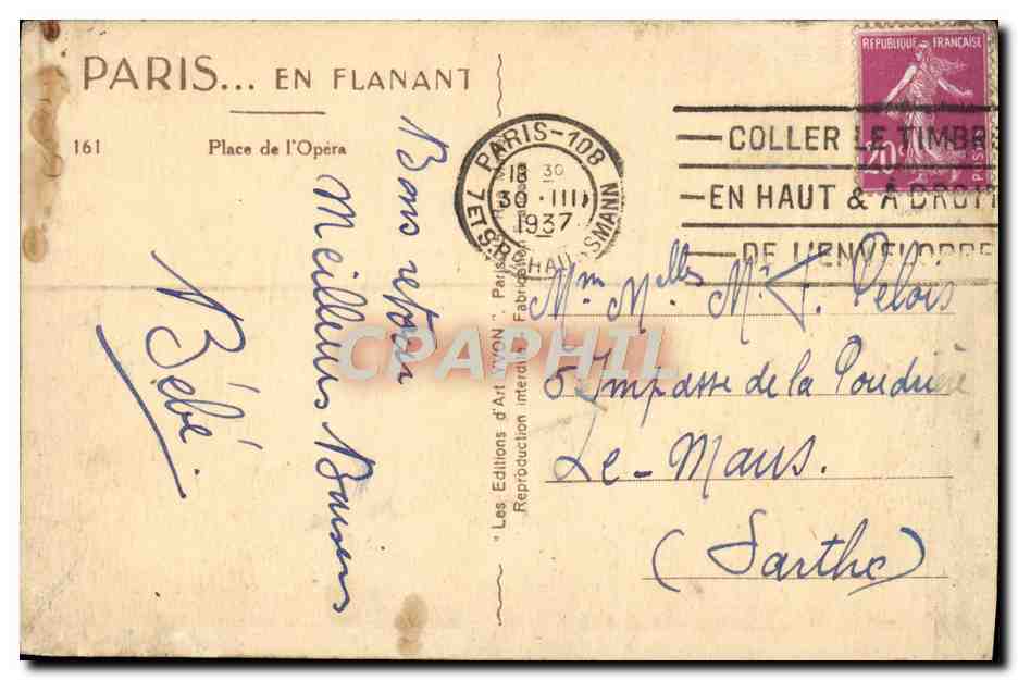 CPA Paris En Flanant Place De I'Opera — Rückseite