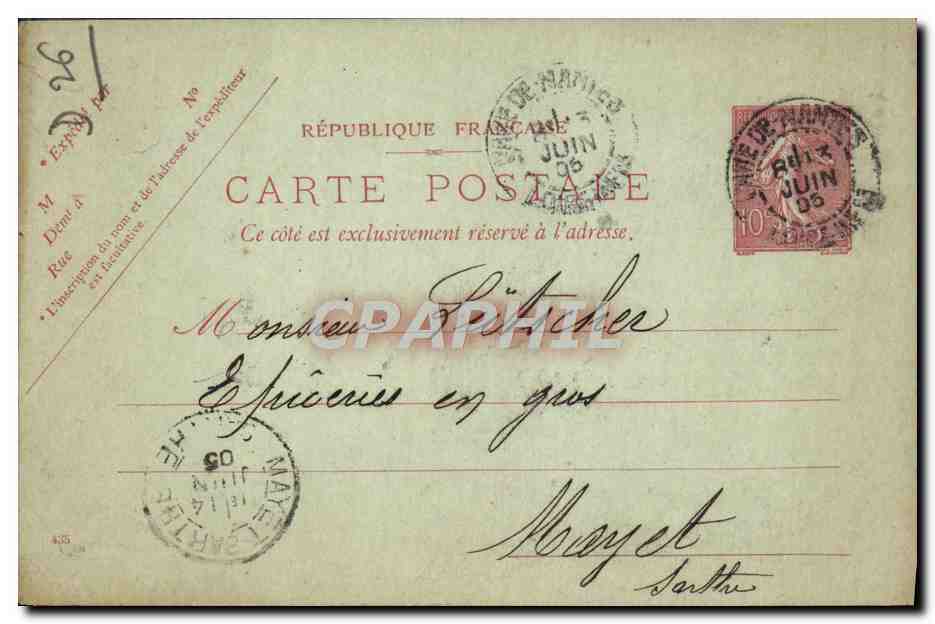 Carte postale 10c Semeuse Lutscher Epicerie Mayet Sarthe 