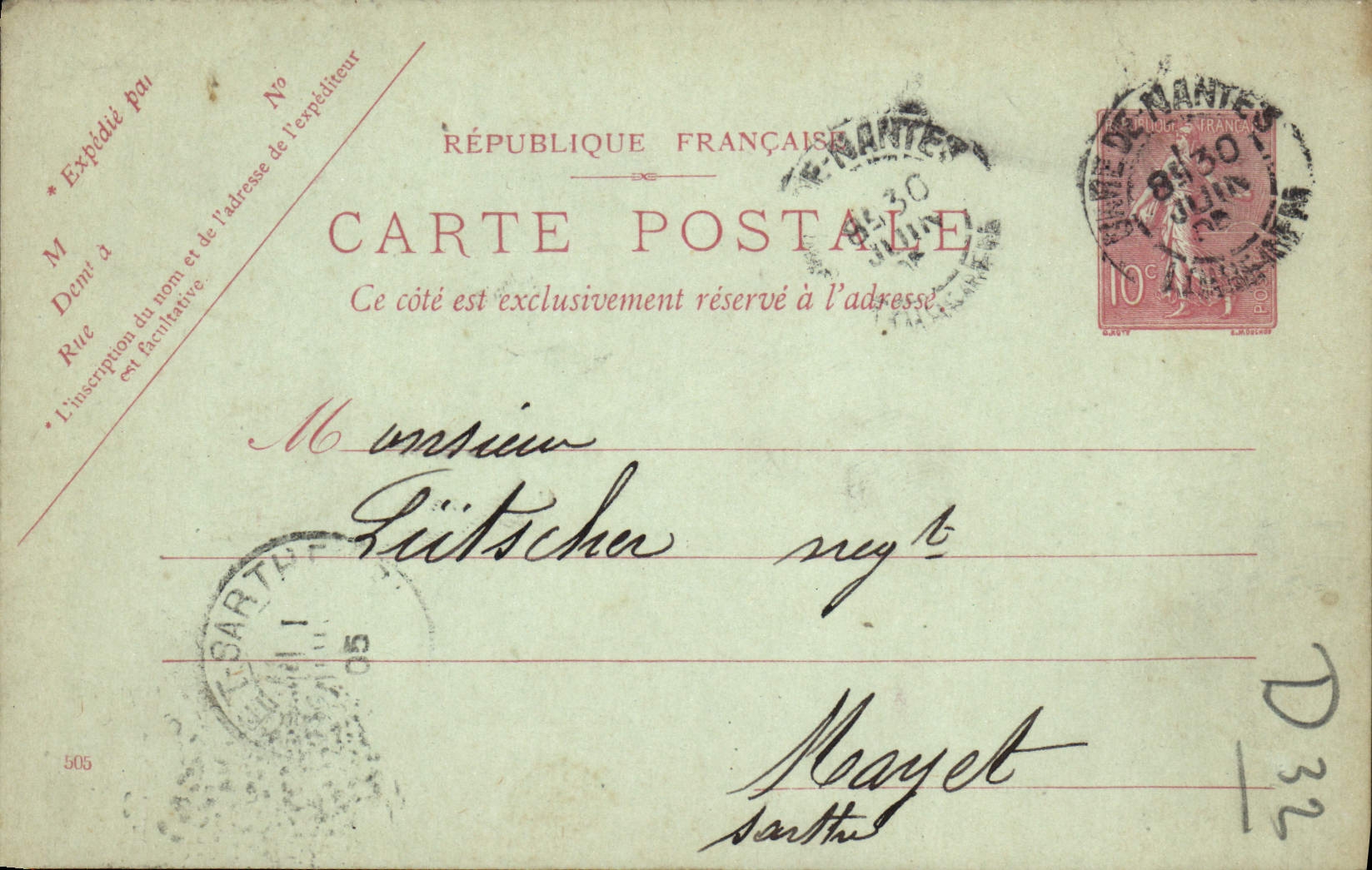 Entier postal 10c Semeuse Lutscher Mayet Sarthe 