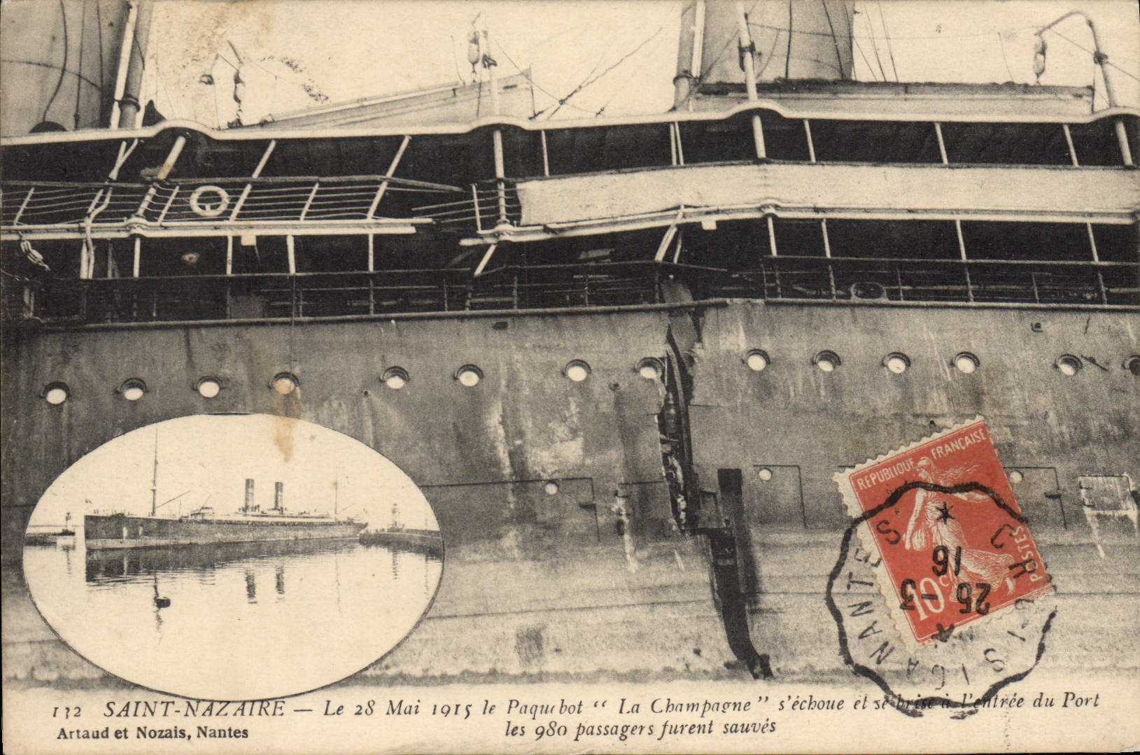 Saint-Nazaire — naufrage du paquebot 'La Champagne' — Artaud et Nozais, Nantes