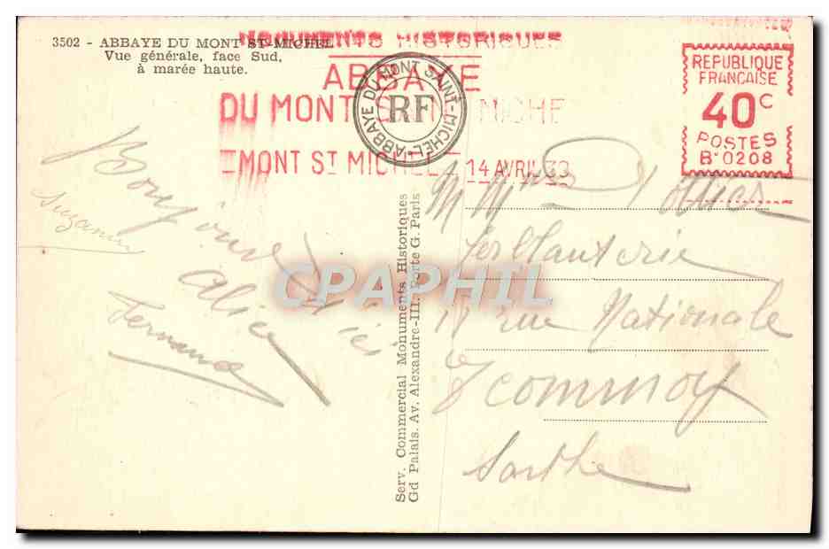 Mont Saint-Michel — Vue générale, face Sud, à marée haute — Abbaye du Mont Saint-Michel, éditeur Serr. Commercial, n° 3502 — Verso
