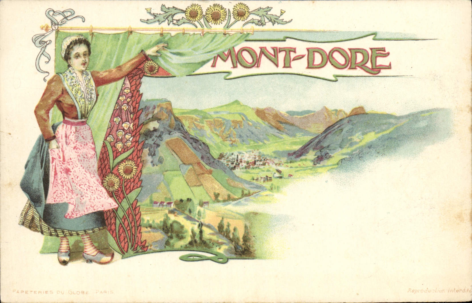 Mont-Dore — paysage montagnard avec femme en costume local — Papeteries du Globe, Paris - Anverso