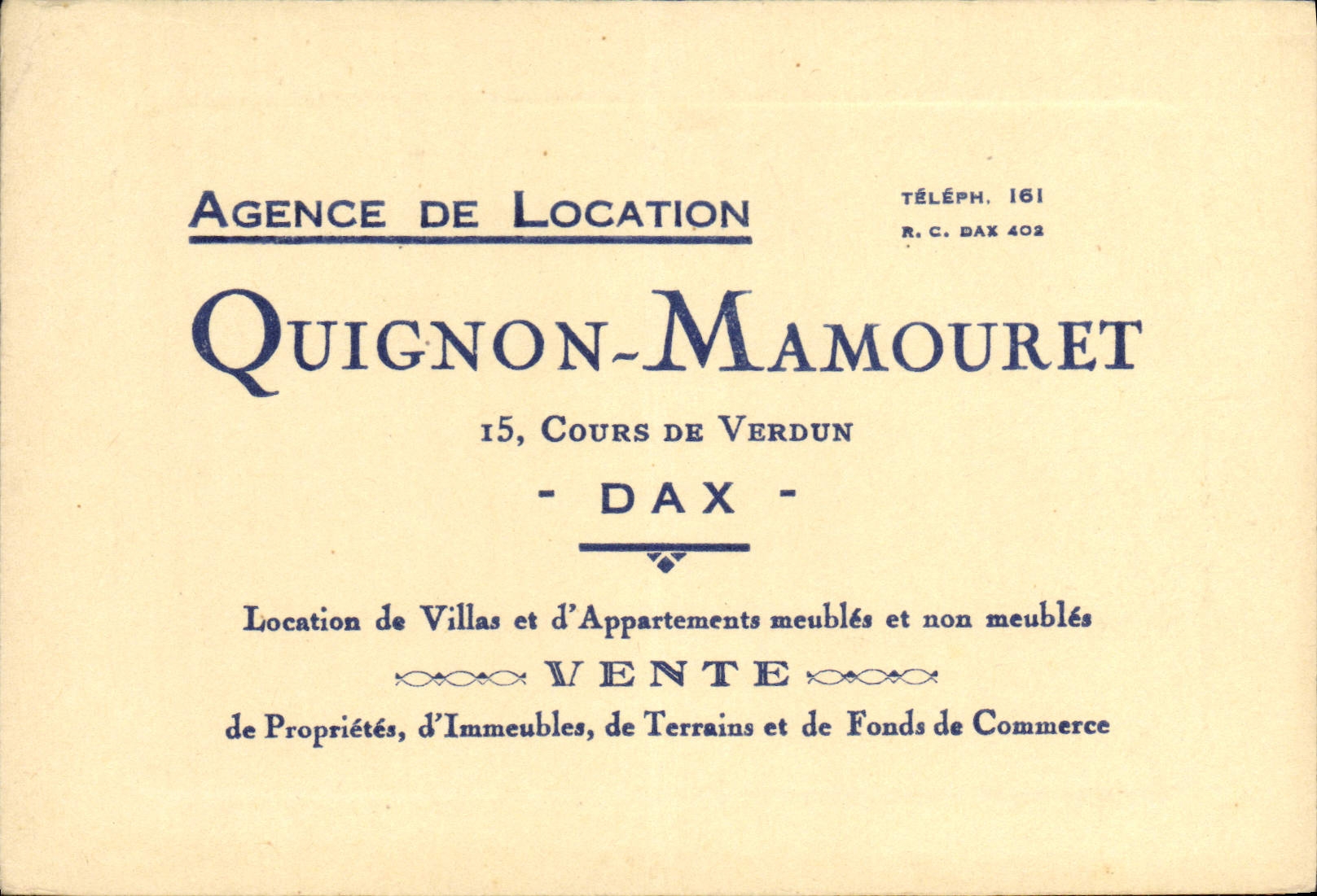 Carte de visite Quignon Mamouret Cours de Verdun Dax 