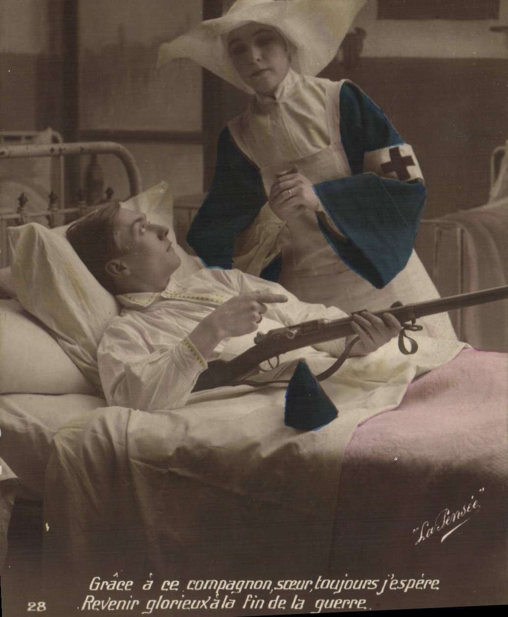 Nurse and Wounded Soldier — War Postcard — 'La Pensée' n°28