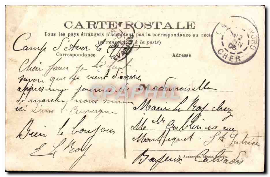 Camp d'Avor — Chapelle et Baraquements — A. Auxenfants, éditeur, Bourges — Verso